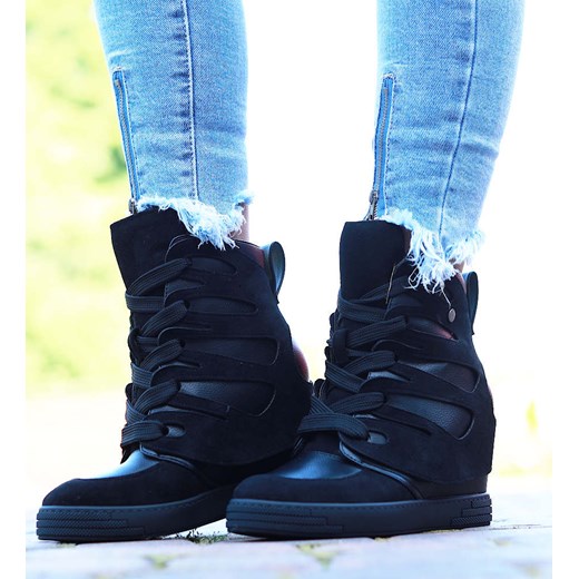 Czarne trampki sneakersy na koturnie Seastar /G12-3 14901 T937/ ze sklepu Pantofelek24.pl w kategorii Buty sportowe damskie - zdjęcie 179059901