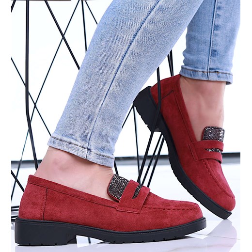 Bordowe zamszowe półbuty loafersy na niskim obcasie /A4-2 15475 T386/ ze sklepu Pantofelek24.pl w kategorii Mokasyny damskie - zdjęcie 179060723