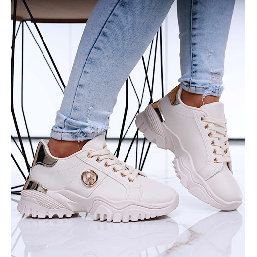 Sznurowane beżowe buty sportowe na platformie /E5-1 16775 G287/ 37 Pantofelek24.pl