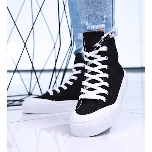 Czarne wysokie trampki damskie z tkaniny /F3-3 15960  G157/ ze sklepu Pantofelek24.pl w kategorii Trampki damskie - zdjęcie 179063704