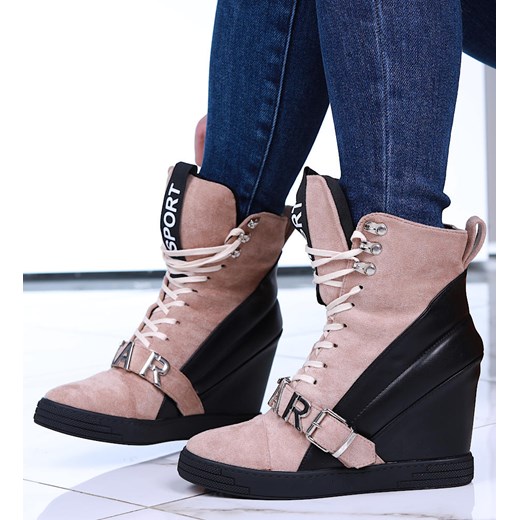 Damskie trampki sneakersy na koturnie Seastar Khaki- black /G8-3 14985 T830/ ze sklepu Pantofelek24.pl w kategorii Trampki damskie - zdjęcie 179064313