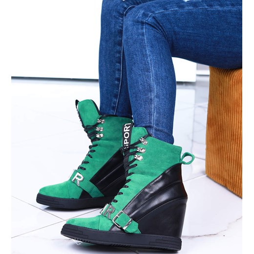 Damskie trampki sneakersy na koturnie Seastar Green- black /A1-3 15100 T937/ ze sklepu Pantofelek24.pl w kategorii Buty sportowe damskie - zdjęcie 179064320