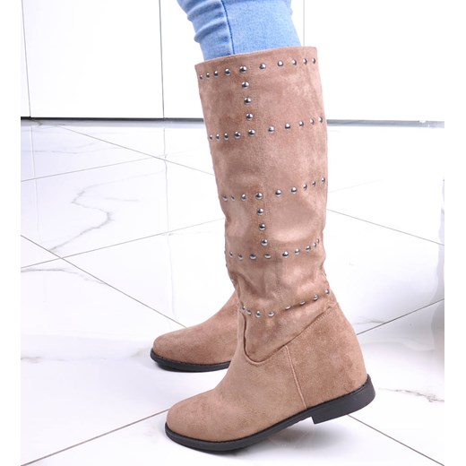 Zamszowe kozaki z ćwiekami Khaki /C1-2 12912 T423/ ze sklepu Pantofelek24.pl w kategorii Kozaki damskie - zdjęcie 179064434