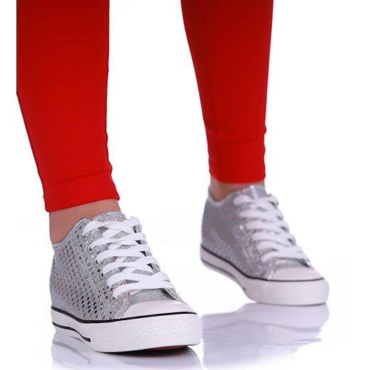 Wiązane srebrne trampki na koturnie /A10-2 16548 G8-61/ ze sklepu Pantofelek24.pl w kategorii Trampki damskie - zdjęcie 179066394