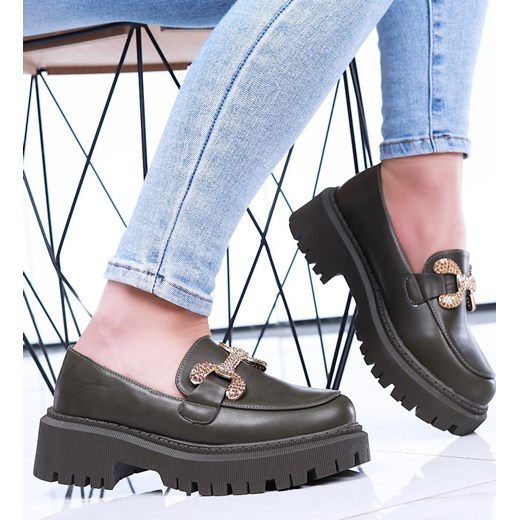 Zielone loafersy damskie półbuty na platformie /E6-1 15488 T336/ ze sklepu Pantofelek24.pl w kategorii Mokasyny damskie - zdjęcie 179066710