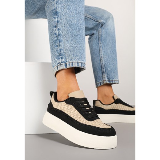 Czarne Sneakersy na Platformie Ozdobione Plecionką Nilaraviela ze sklepu renee.pl w kategorii Buty sportowe damskie - zdjęcie 179073150