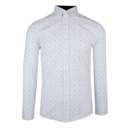 Męska, Taliowana (Slim Fit) Koszula Wizytowa - Rigon - Biała w Niebieski Groszek KSDWRGN405802nSL ze sklepu JegoSzafa.pl w kategorii Koszule męskie - zdjęcie 179088071