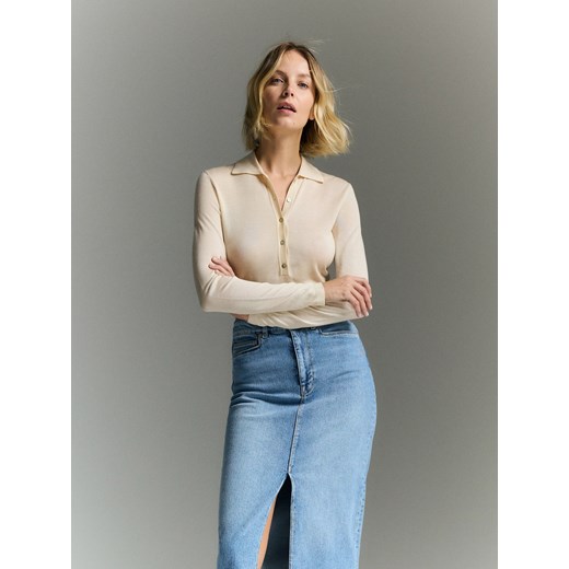 Reserved - Bluzka z kołnierzykiem polo - kremowy ze sklepu Reserved w kategorii Bluzki damskie - zdjęcie 179101532