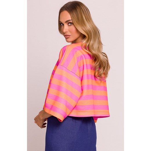 Moe krótka bluza damska w paski  M844/3, Kolor różowo-pomarańczowy, Rozmiar 2XL/3XL, MOE ze sklepu Intymna w kategorii Bluzki damskie - zdjęcie 179114112