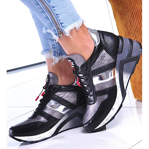 Czarne trampki sneakersy na koturnie /F5-2 12450 T415/ ze sklepu Pantofelek24.pl w kategorii Buty sportowe damskie - zdjęcie 179121983