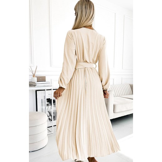 Plisowana sukienka midi z paskiem 504-7 Viviana, Kolor jasnobeżowy, Rozmiar one size, NUMOCO BASIC ze sklepu Primodo w kategorii Sukienki - zdjęcie 179135140