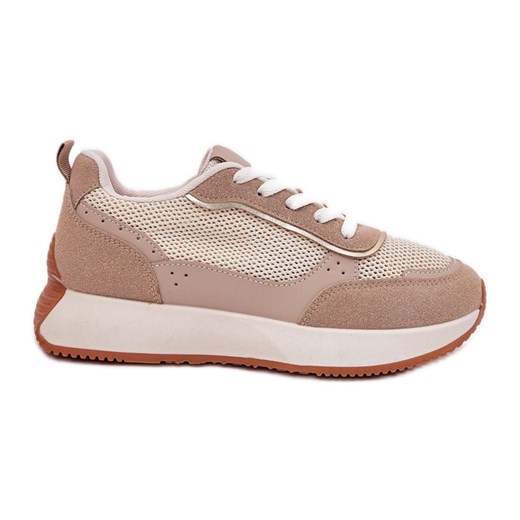 Buty Sportowe Damskie Z Siateczką Na Platformie Khaki beżowy ze sklepu ButyModne.pl w kategorii Buty sportowe damskie - zdjęcie 179154260