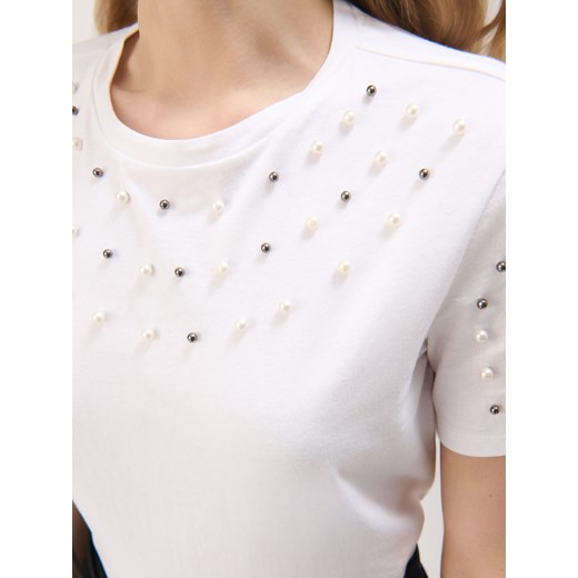 Mohito - Bawełniany biały t-shirt z ozdobnymi elementami - biały Mohito XXS Mohito