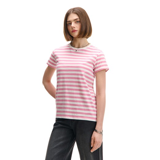 Cropp - T-shirt w różowo-białe paski - różowy ze sklepu Cropp w kategorii Bluzki damskie - zdjęcie 179179890