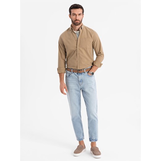 Męska koszula bawełniana REGULAR FIT z kieszenią - jasnobrązowa V2 OM-SHOS-0153 ze sklepu ombre w kategorii Koszule męskie - zdjęcie 179194431