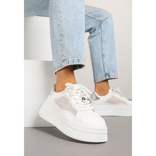 Biało-Srebrne Sneakersy na Grubej Podeszwie z Tłoczeniem Elliliana ze sklepu born2be.pl w kategorii Buty sportowe damskie - zdjęcie 179218773
