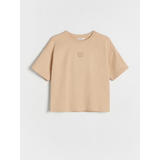 Reserved - Bawełniany T-shirt z haftem - beżowy ze sklepu Reserved w kategorii Bluzki dziewczęce - zdjęcie 179227022