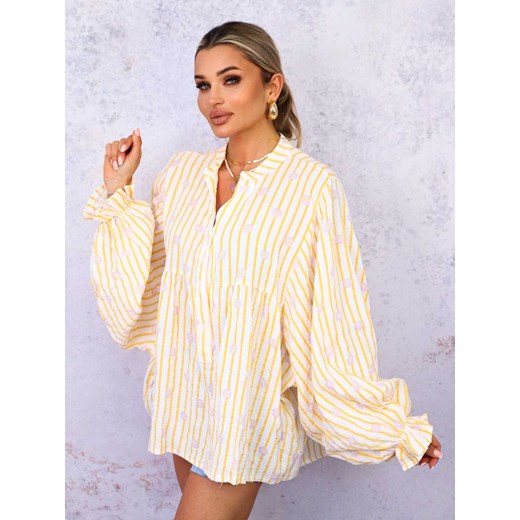 BLUZKA KOSZULOWA OVERSIZE W PASKI I KWIATY- POMARAŃCZOWA ze sklepu olika.com.pl w kategorii Koszule damskie - zdjęcie 179229381