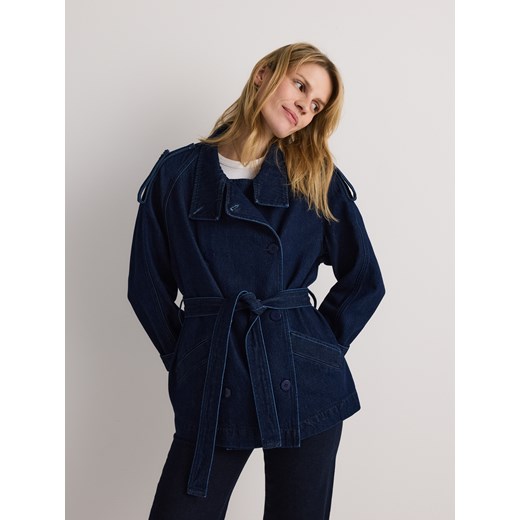 Reserved - Jeansowa marynarka z wiązaniem - granatowy Reserved M Reserved