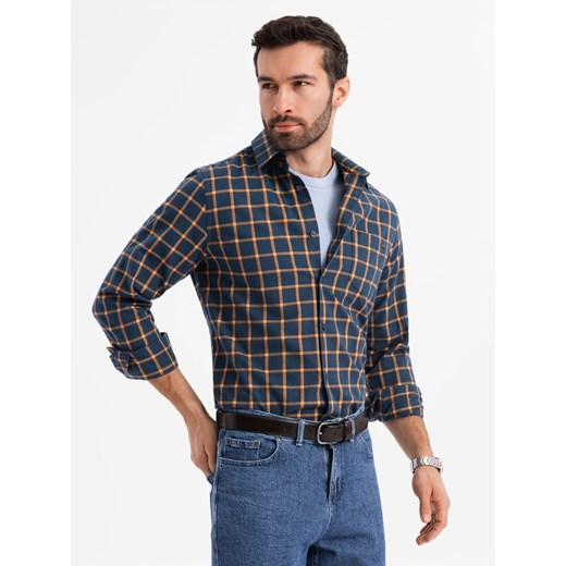 Męska flanelowa koszula w kratę SLIM FIT - granatowo-pomarańczowa V1 OM-SHCS-0145 ze sklepu ombre w kategorii Koszule męskie - zdjęcie 179236840