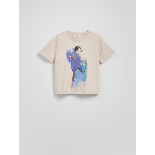 Reserved - T-shirt z nadrukiem - beżowy ze sklepu Reserved w kategorii Bluzki damskie - zdjęcie 179238584