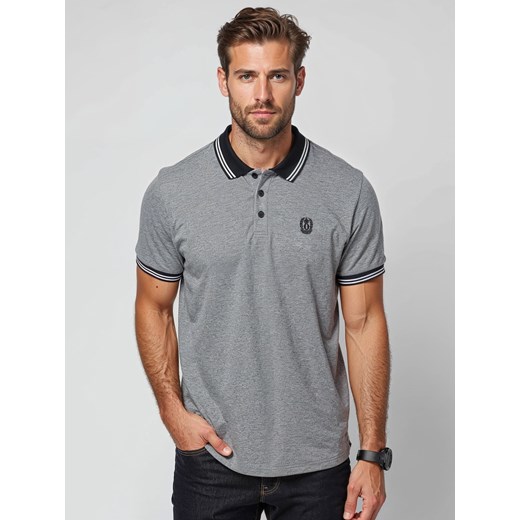 Melanżowa koszulka męska polo z kołnierzykiem w paski – czarna V1 OM-POSS-0109 ze sklepu ombre w kategorii T-shirty męskie - zdjęcie 179242104