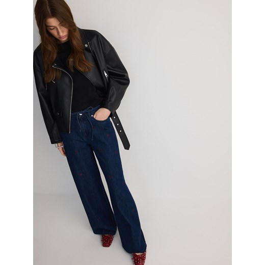 Reserved - Jeansy wide leg z haftowanym wzorem - granatowy Reserved 42 Reserved
