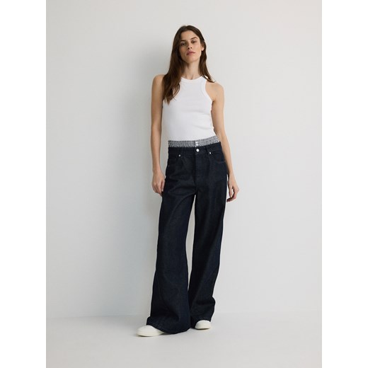 Reserved - Jeansy wide leg z ozdobną wstawką - granatowy ze sklepu Reserved w kategorii Jeansy damskie - zdjęcie 179245924
