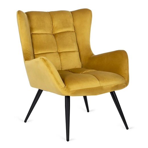 Musztardowy welurowy fotel do pokoju uszak - Drefo ze sklepu Edinos.pl w kategorii Fotele - zdjęcie 179255190