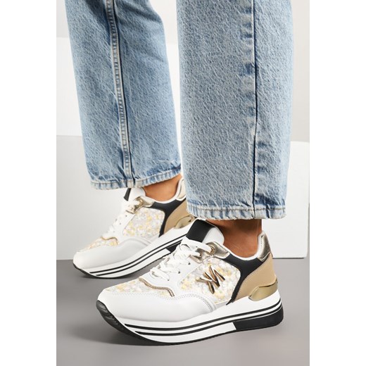 Biało-Czarne Sneakersy z Metaliczną Aplikacją Divisca ze sklepu born2be.pl w kategorii Buty sportowe damskie - zdjęcie 179275991