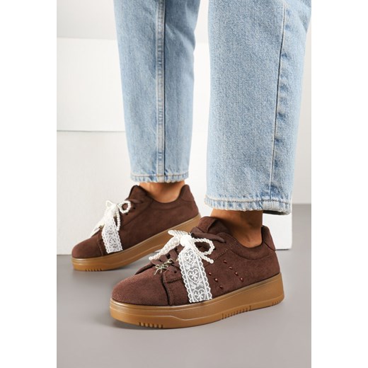 Brązowe Sneakersy na Grubej Podeszwie z Ozdobnymi Kokardkami Divelia ze sklepu born2be.pl w kategorii Buty sportowe damskie - zdjęcie 179276063