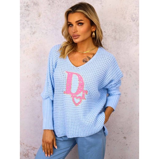 SWETER OVERSIZE O KROJU NIETOPERZA Z OZDOBNĄ APLIKACJĄ- NIEBIESKI ze sklepu olika.com.pl w kategorii Swetry damskie - zdjęcie 179287973