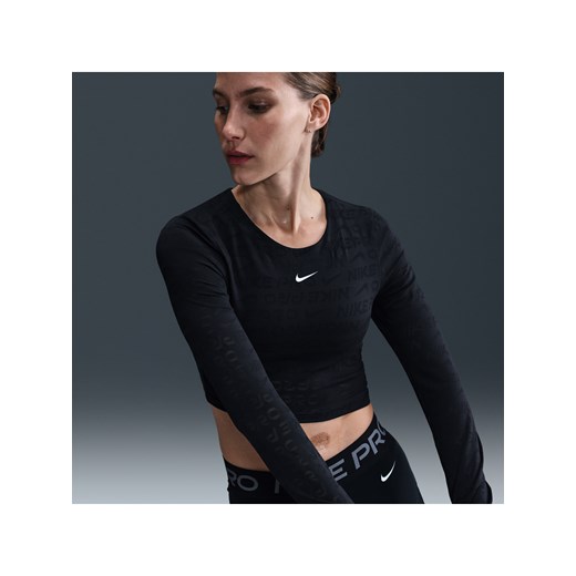 Damska żakardowa koszulka z długim rękawem o skróconym kroju Dri-FIT Nike Pro - Czerń ze sklepu Nike poland w kategorii Bluzki damskie - zdjęcie 179309174