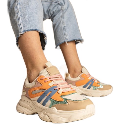 Pomarańczowe sneakersy damskie sportowe z brokatem ze sklepu ButyModne.pl w kategorii Buty sportowe damskie - zdjęcie 179312533
