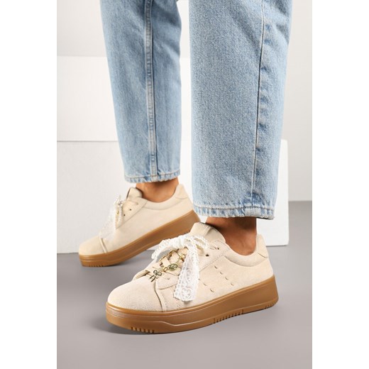 Beżowe Sneakersy na Grubej Podeszwie z Ozdobnymi Kokardkami Divelia ze sklepu born2be.pl w kategorii Buty sportowe damskie - zdjęcie 179317094