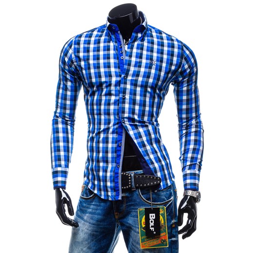Koszula męska BOLF 4701 niebiesko-czarna - NIEBIESKO-CZARNY denley-pl niebieski Koszule z długim rękawem męskie