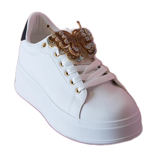 Biało-czarne sneakersy zdobione motylkiem z cyrkoniami białe ze sklepu ButyModne.pl w kategorii Buty sportowe damskie - zdjęcie 179333690