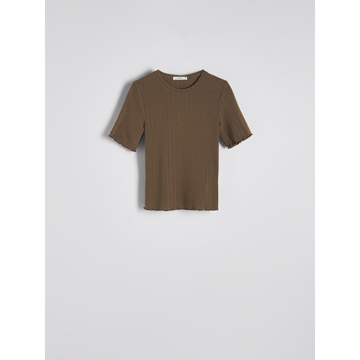Reserved - Prążkowany t-shirt z dodatkiem wiskozy - oliwkowy ze sklepu Reserved w kategorii Bluzki damskie - zdjęcie 179336004