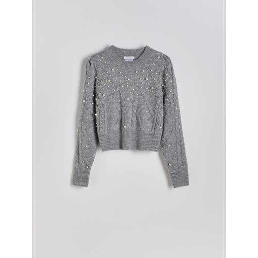 Reserved - Sweter z perełkami z domieszką wełny - szary - id: 7774B-85M - marki Reserved - 179337102 Reserved - Sweter z perełkami z domieszką wełny - szary ze sklepu Reserved w kategorii Swetry damskie - zdjęcie 179337102