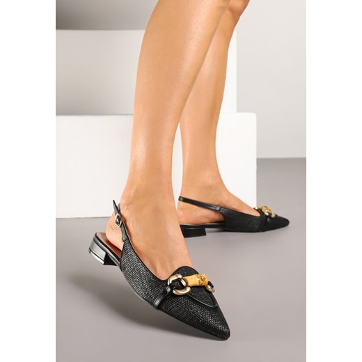 Czarne Tweedowe Sandały Slingback z Ozdobną Aplikacją Davira ze sklepu renee.pl w kategorii Czółenka - zdjęcie 179352381