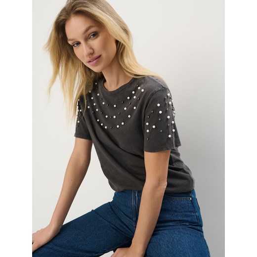 Mohito - Bawełniany szary t-shirt z ozdobnymi elementami - szary Mohito L Mohito