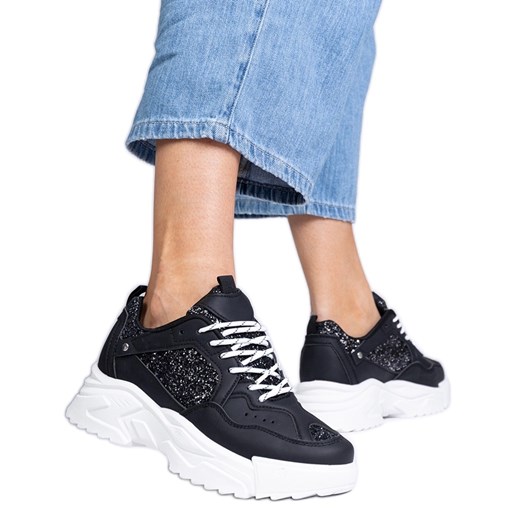 Czarne sneakersy damskie z brokatowymi wstawkami ze sklepu ButyModne.pl w kategorii Buty sportowe damskie - zdjęcie 179367210