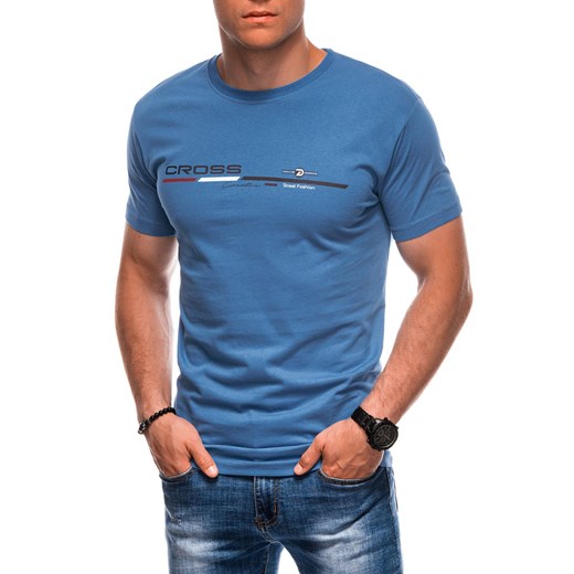 T-shirt męski z nadrukiem S1712 - ciemnoniebieski Edoti XL Edoti