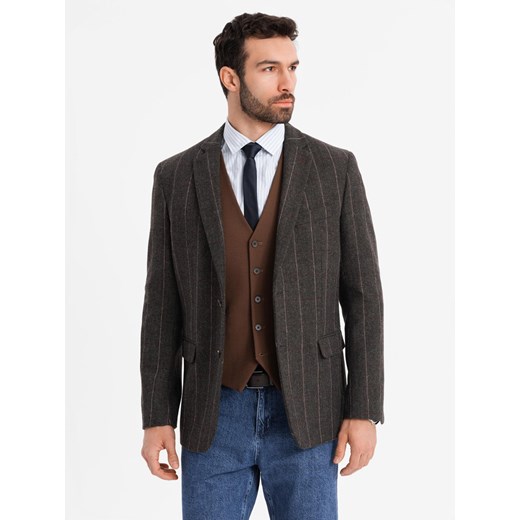 Męska elegancka marynarka w kratkę z domieszką wełny – ciemnobrązowa V3 OM-BLZB-0137 ze sklepu ombre w kategorii Marynarki męskie - zdjęcie 179377061