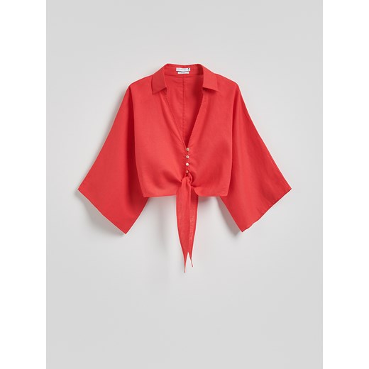 Reserved - Wiązana koszula z lnem - czerwony Reserved M Reserved