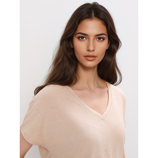 Bluzka damska Mohito beżowa casual z okrągłym dekoltem z wiskozy 