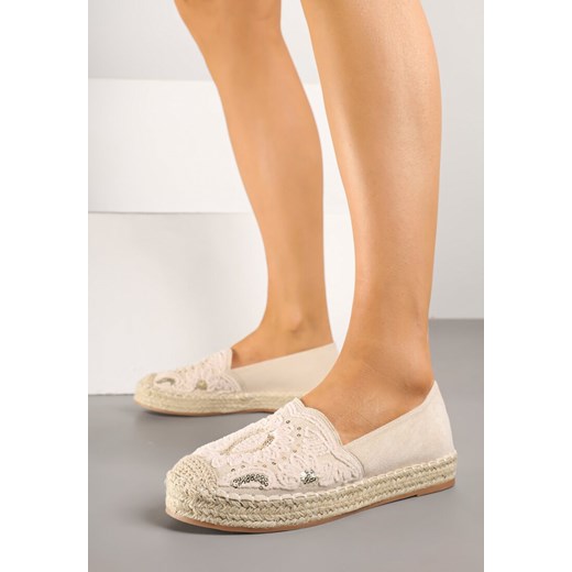 Beżowe Espadryle z Plecioną Podeszwą Cekinami i Haftem Merelitia ze sklepu born2be.pl w kategorii Espadryle damskie - zdjęcie 179382494