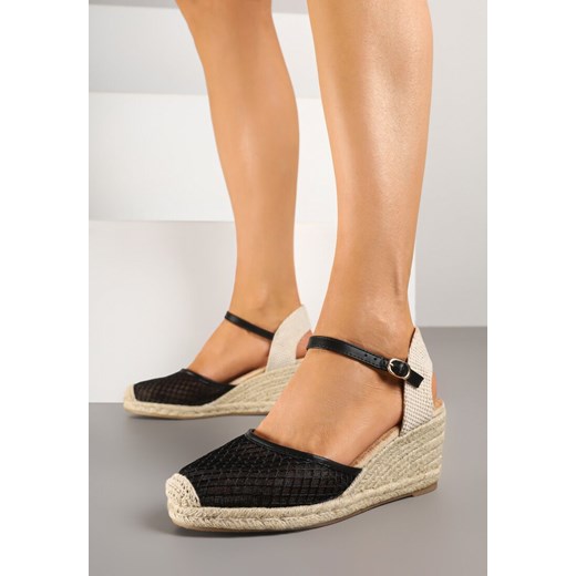 Czarne Sandały Espadryle na Koturnie z Plecionki z Siateczką Meranisea ze sklepu born2be.pl w kategorii Espadryle damskie - zdjęcie 179382500