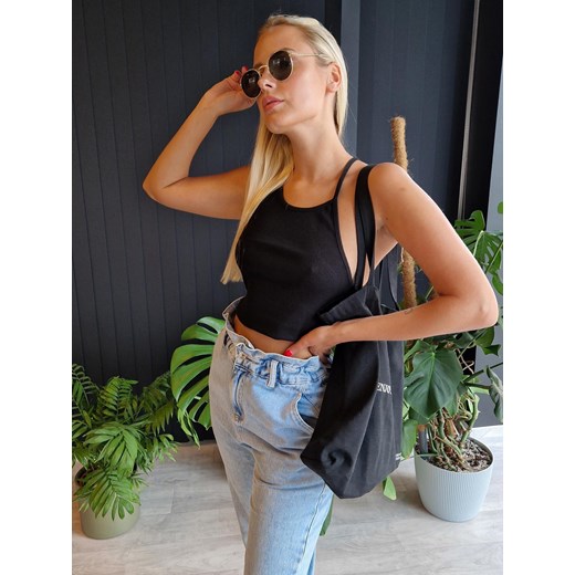 Top crop z prążką damski SLR088 - czarny ze sklepu Edoti w kategorii Bluzki damskie - zdjęcie 179395640