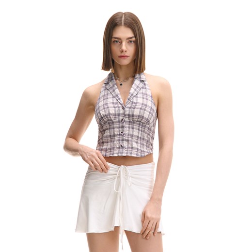 Cropp - Kraciasty crop top zapinany na guziki - fioletowy ze sklepu Cropp w kategorii Bluzki damskie - zdjęcie 179398151
